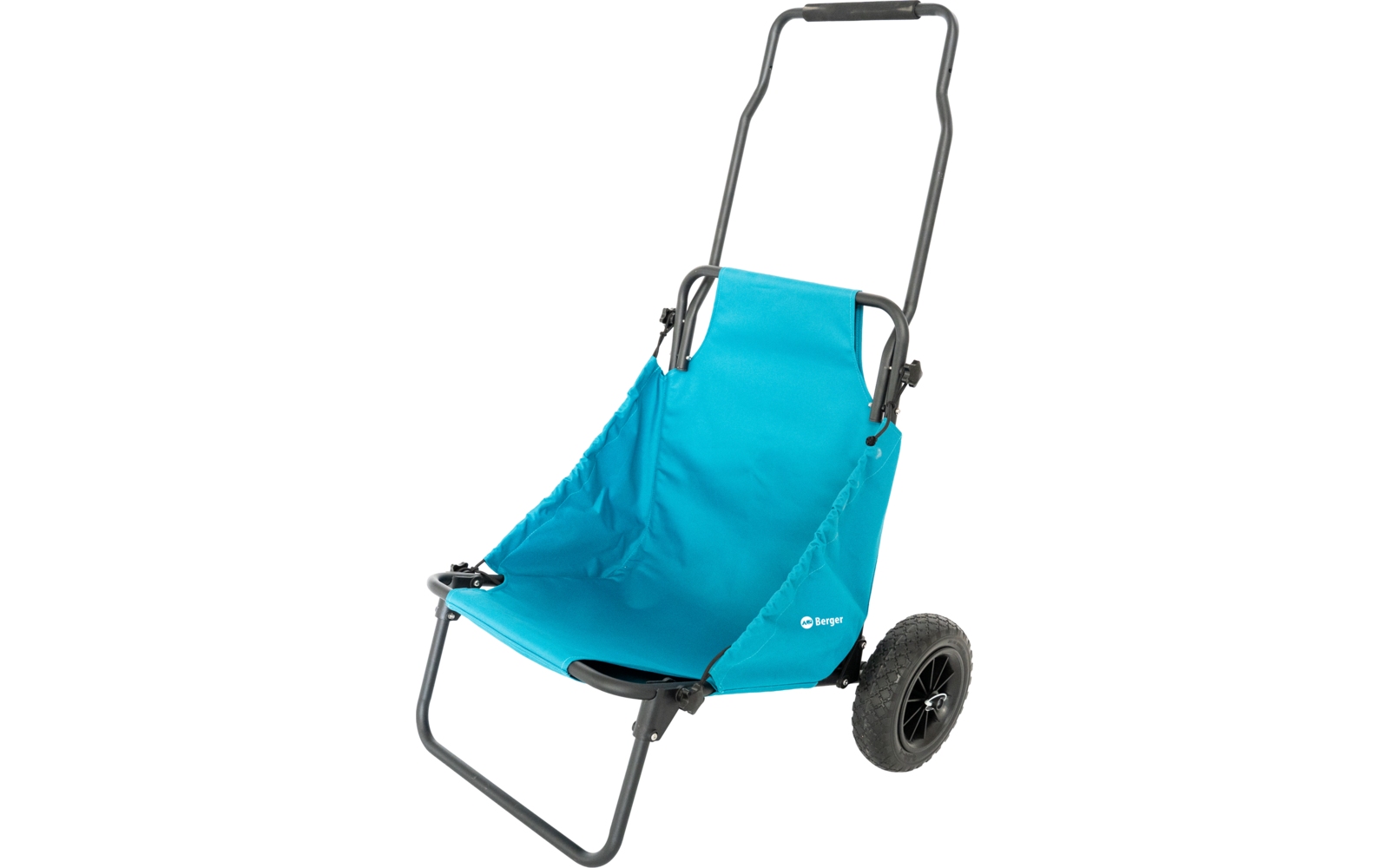 Schwarzer Metallrahmen mit zwei schwarzen Rädern, türkisblauer Stofftasche und aufrechtem Griff