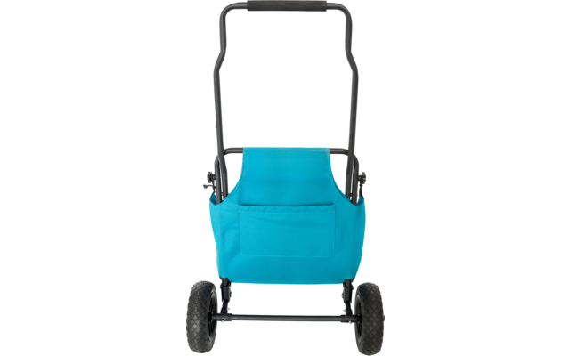 Türkisblauer Stoffbeutel an schwarzem Metallgestell mit Griff, zwei schwarzen Rädern und aufgesetzter Außentasche, Rückansicht