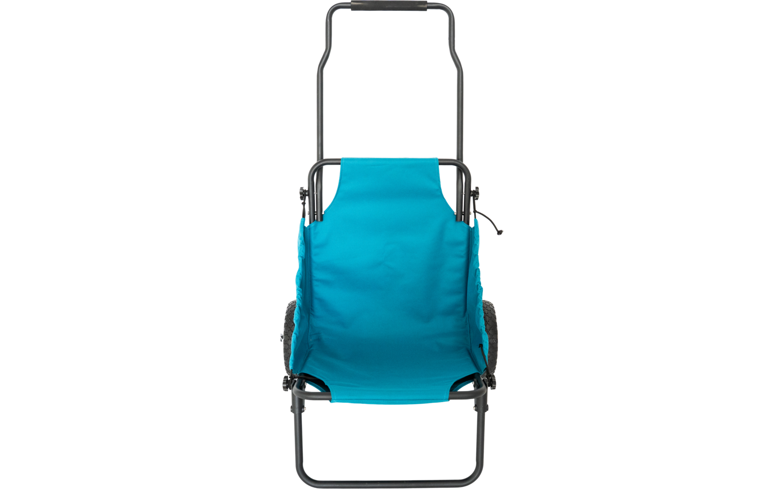 Sitz mit türkisfarbenem Textilbezug auf schwarzem Metallgestell, zwei sichtbare Räder an den Seiten