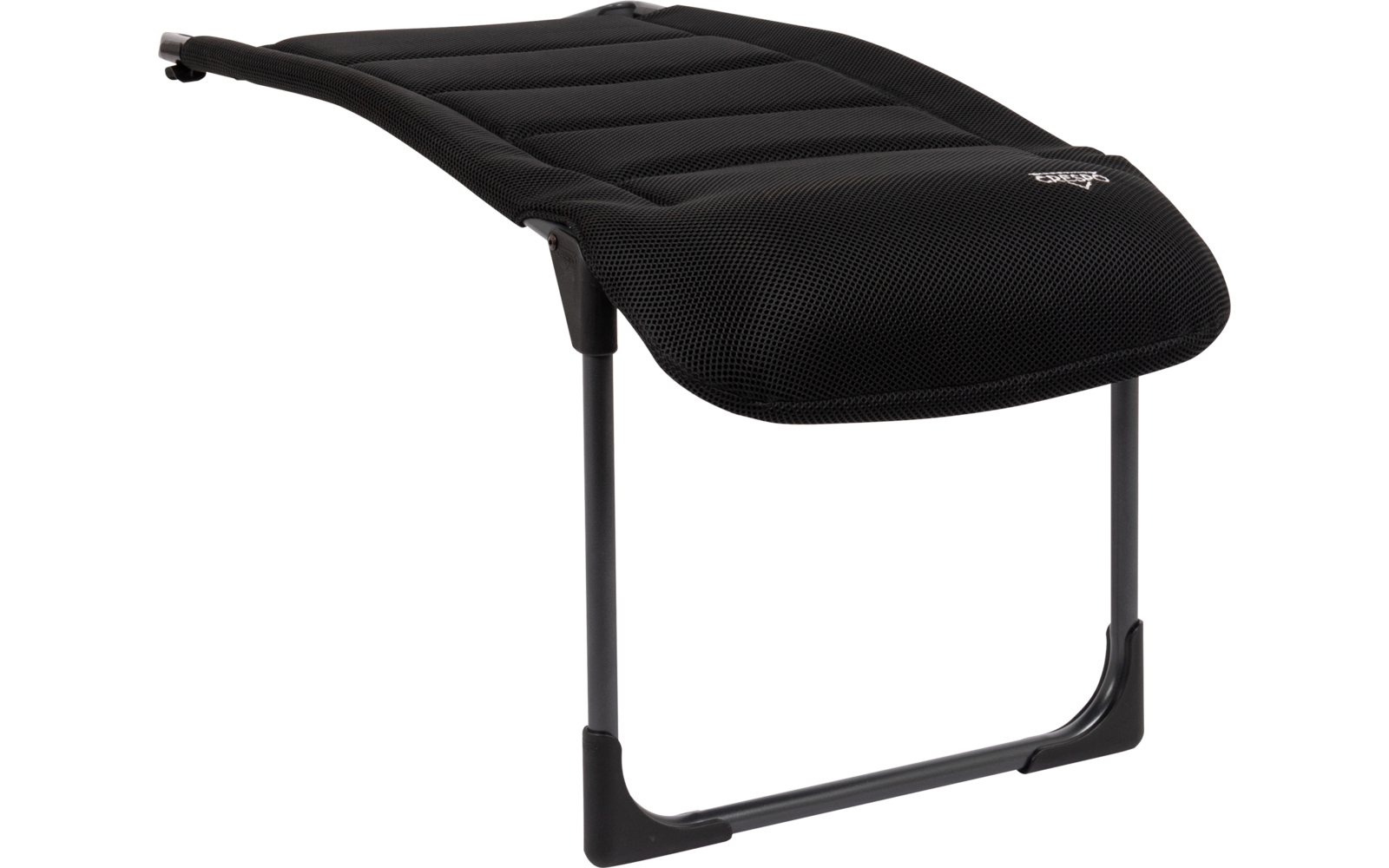 Schwarzes, gebogenes, gepolstertes Polster mit gesteppten Bahnen auf einem schwarzen Metallrahmen