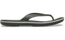 Enkele olijfgroene teenslipper in zijaanzicht, bandje tussen de tenen, witte streep op de tussenzool, gestructureerd voetbed, rubberen zool