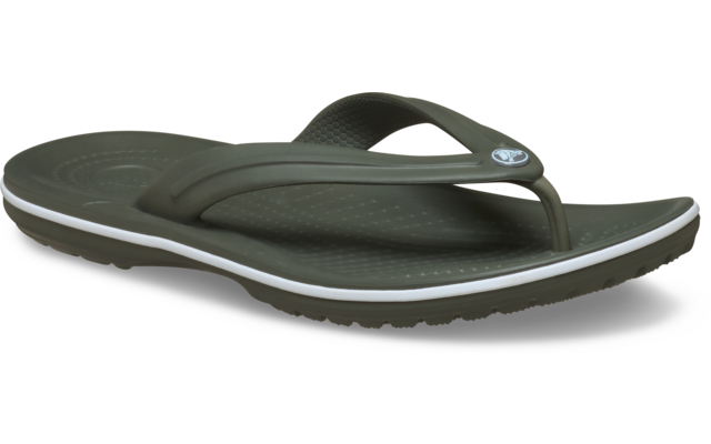 Ein einzelner dunkelgrüner Zehentrenner mit weißer Sohle, strukturiertem Fußbett und Riemen mit rundem Logo