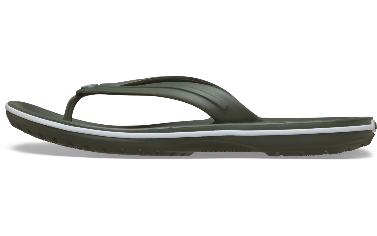 Ein einzelner olivgrüner Flip‑Flop in Seitenansicht, weiße Streifen an der Sohle