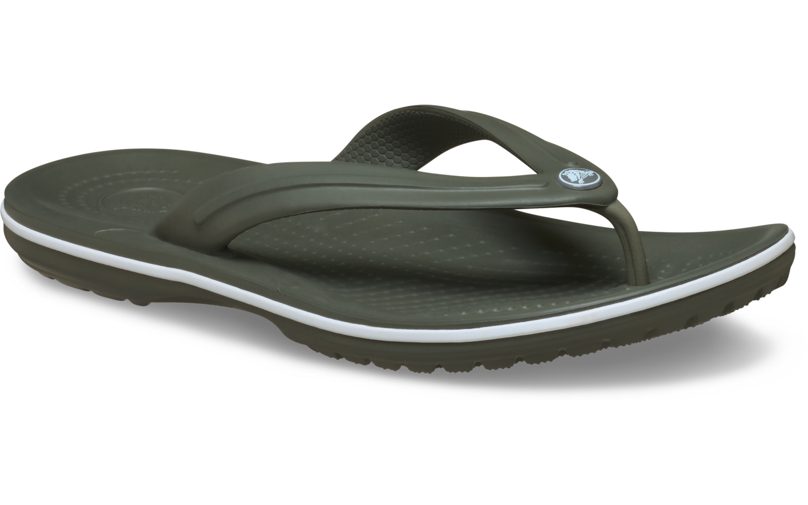 Ein einzelner dunkelgrüner Zehentrenner mit weißer Sohle, strukturiertem Fußbett und Riemen mit rundem Logo