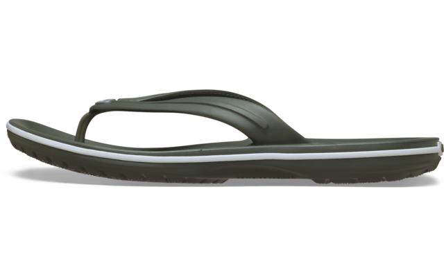 Ein einzelner olivgrüner Flip‑Flop in Seitenansicht, weiße Streifen an der Sohle