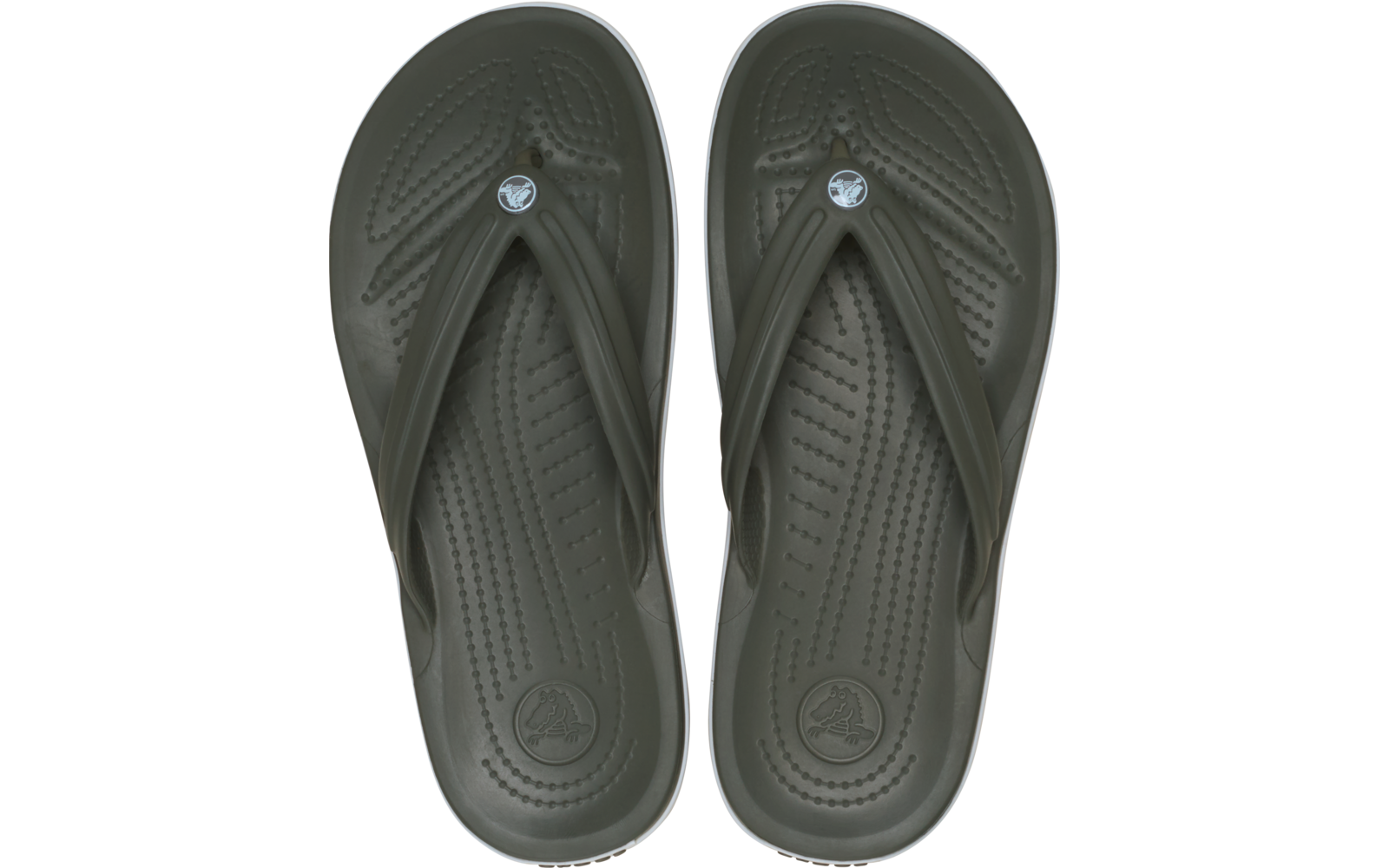 Paar olivgrüner Zehentrenner, Draufsicht, nebeneinander