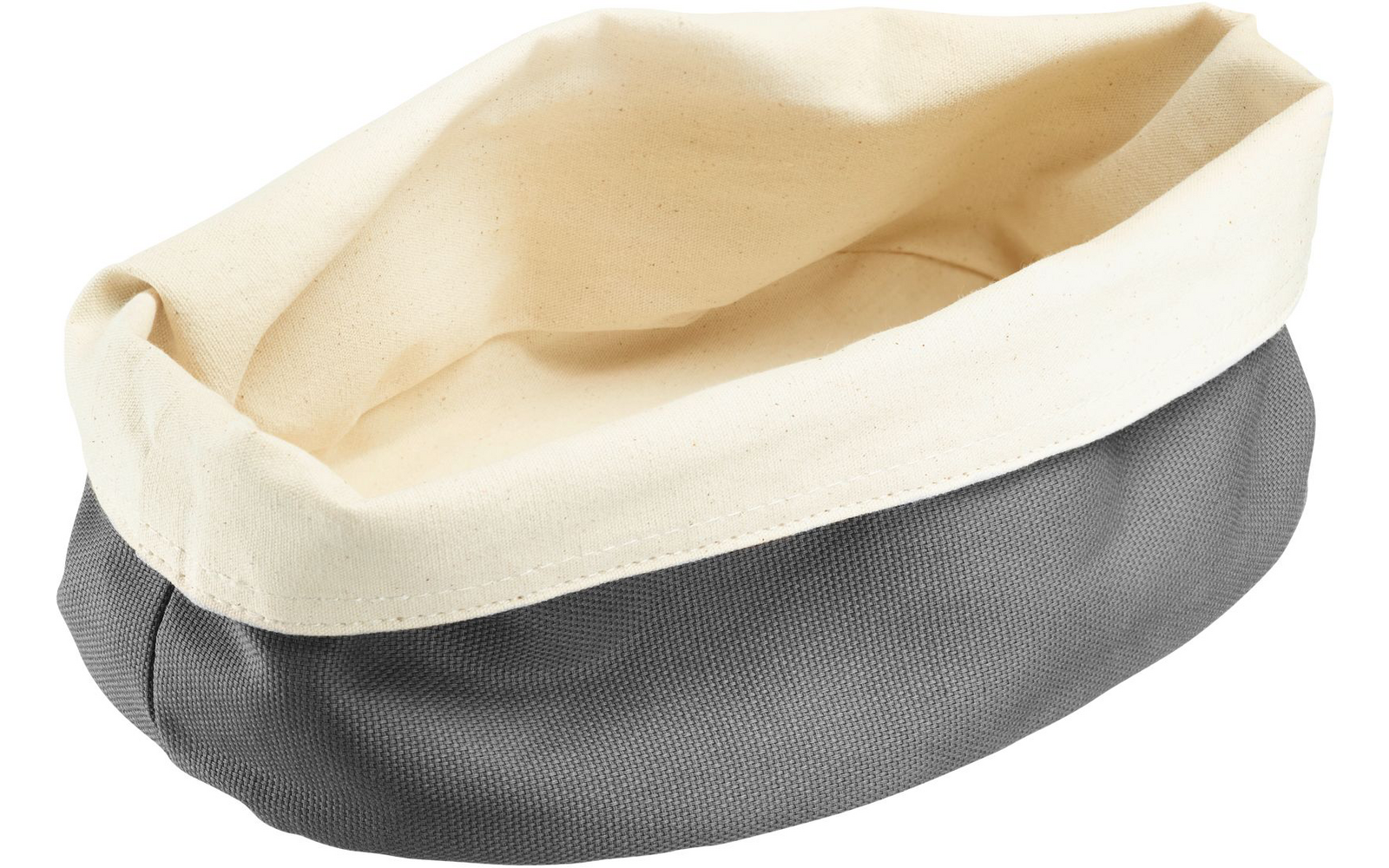 Open oval fabric basket with gray exterior and cream folded rim