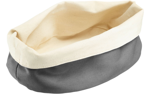 Open oval fabric basket with gray exterior and cream folded rim