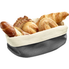 Cloth-lined basket with assorted bread rolls and a croissant, including a pretzel-style roll, a sesame-topped roll, and slices of multigrain bread