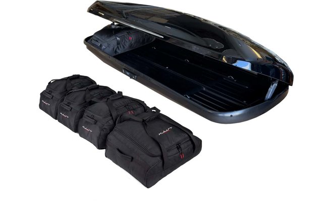 Geöffnete schwarze Dachbox und fünf schwarze Reisetaschen auf weißem Hintergrund