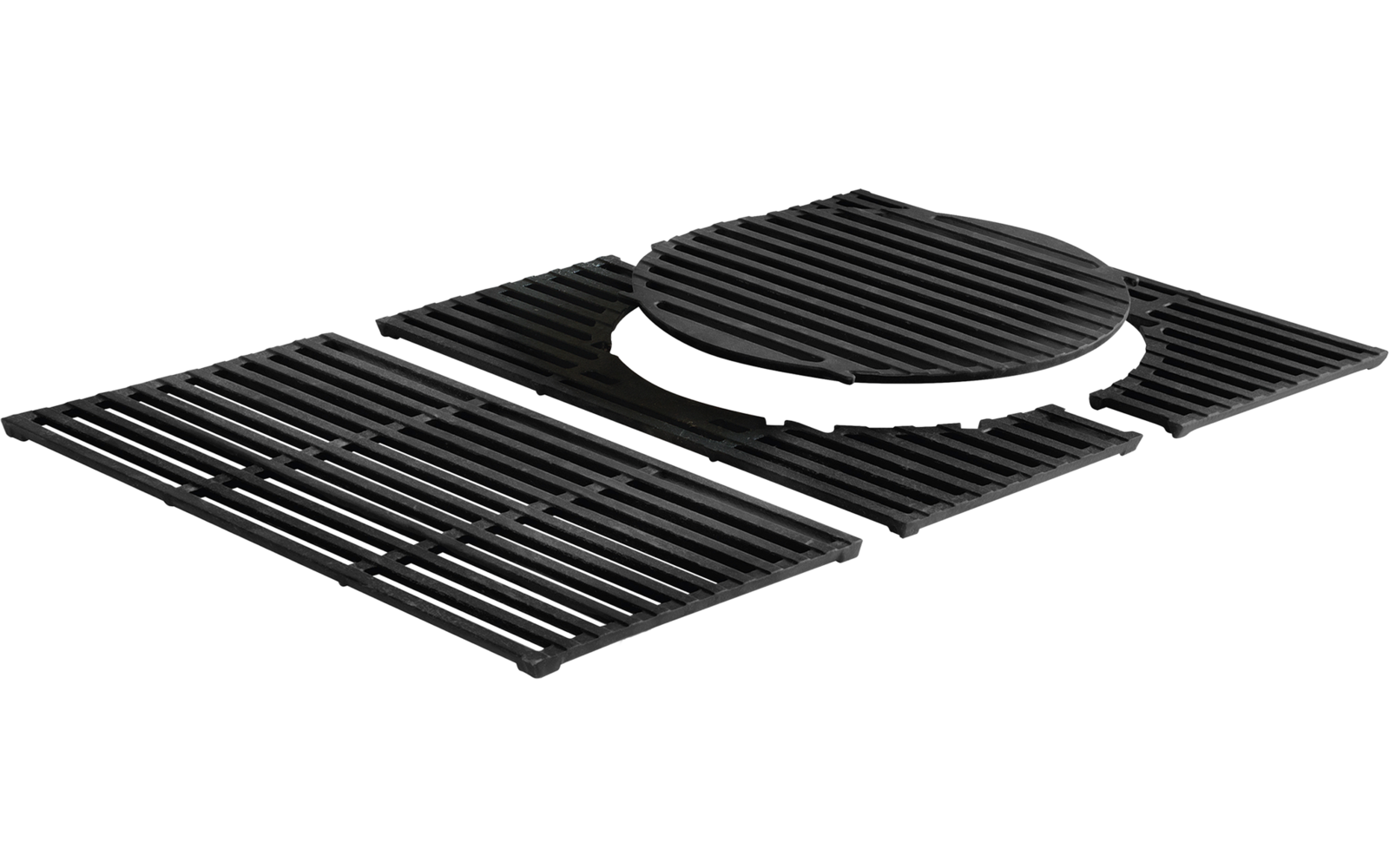 Three black metal grates on a white background: two rectangular with parallel slats and one round grate