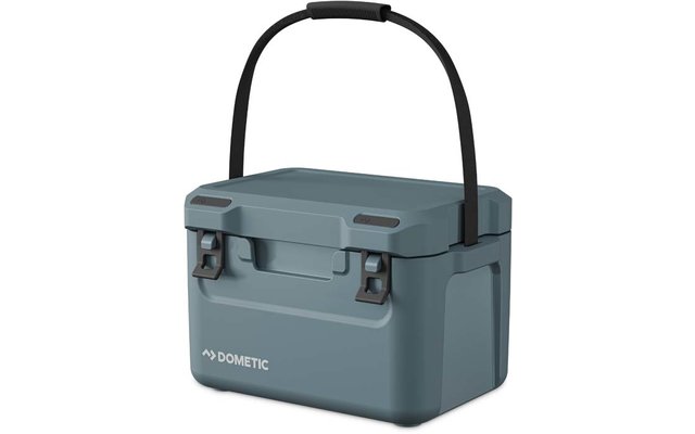 Tragbare blaue Kühlbox mit schwarzem Griff und zwei Verschlüssen vorne