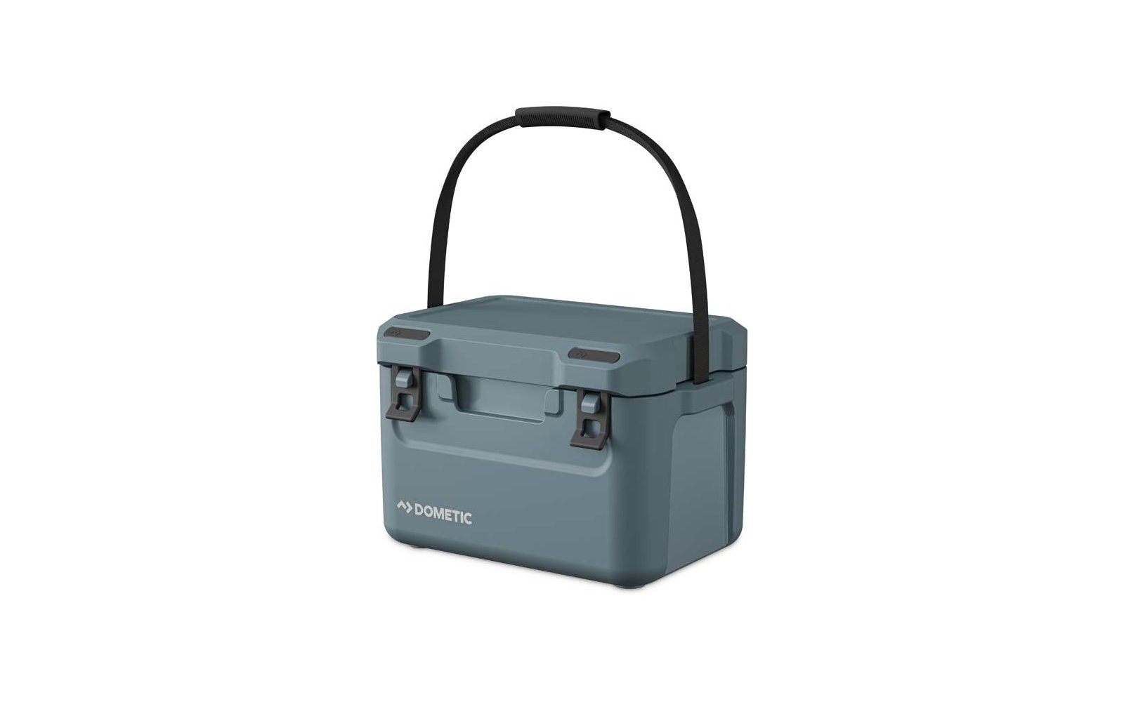 Tragbare blaue Kühlbox mit schwarzem Griff und zwei Verschlüssen vorne