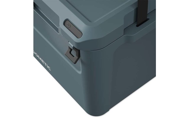 Ecke einer grauen Kühltasche mit Hebelverschluss und Griff