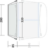 Technische Zeichnung eines dreiseitigen transparenten Gehäuses mit Maßen in Millimetern