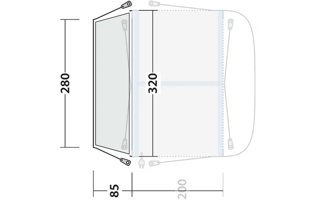Technische Zeichnung eines dreiseitigen transparenten Gehäuses mit Maßen in Millimetern