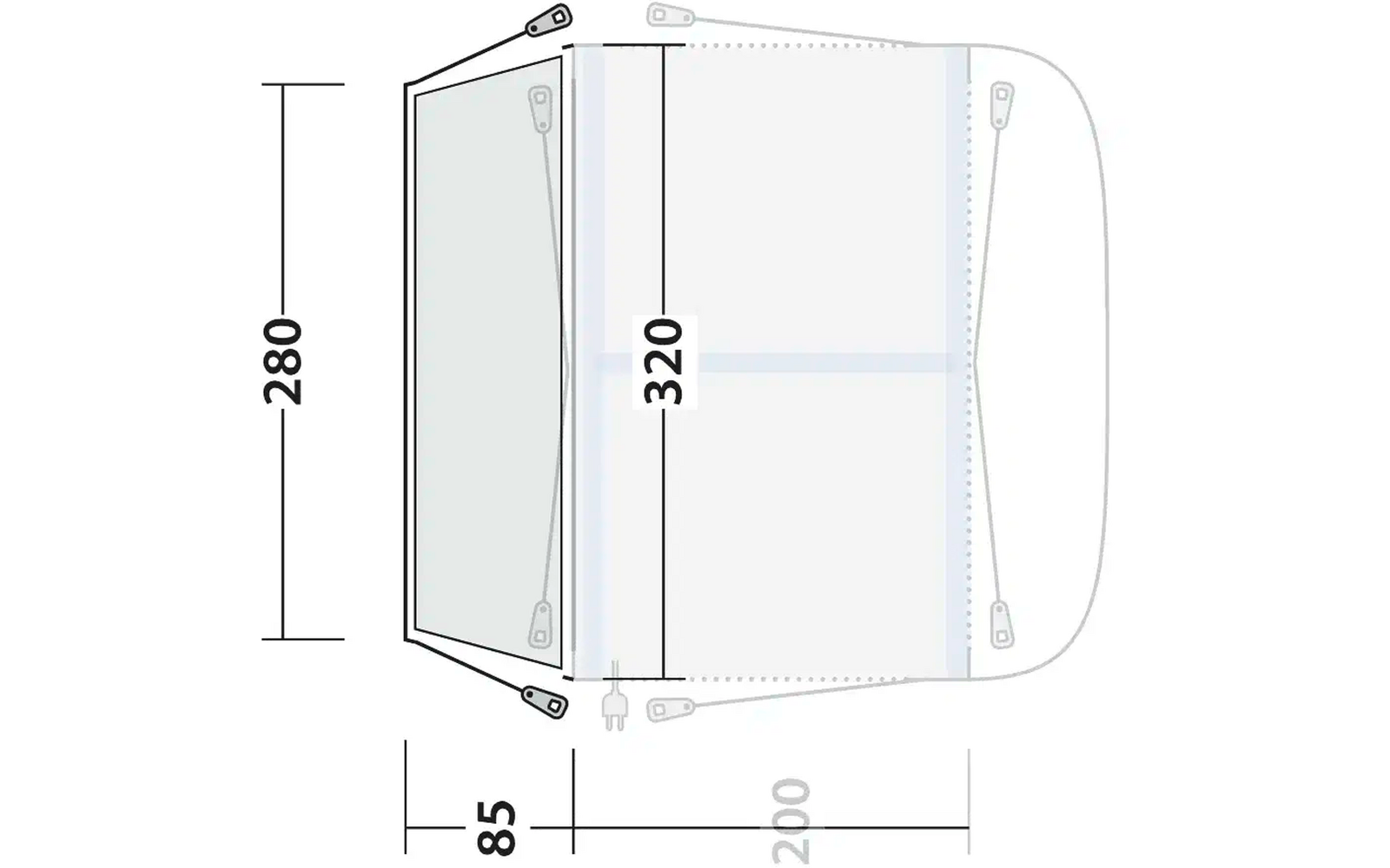 Technische Zeichnung eines dreiseitigen transparenten Gehäuses mit Maßen in Millimetern