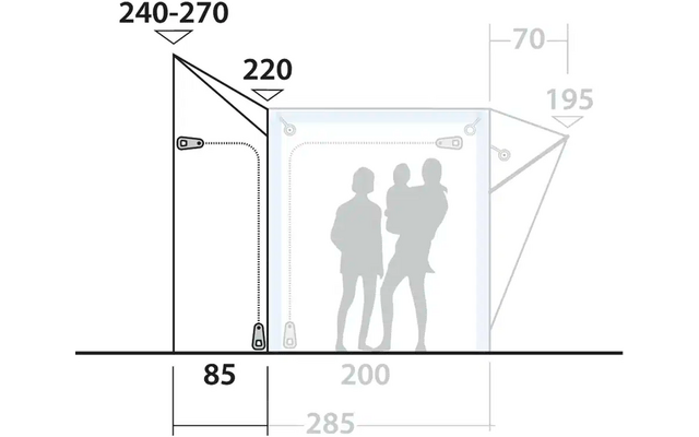 Skizze eines rechteckigen Pavillons mit Maßen in Zentimetern und drei schematischen Personen im Inneren