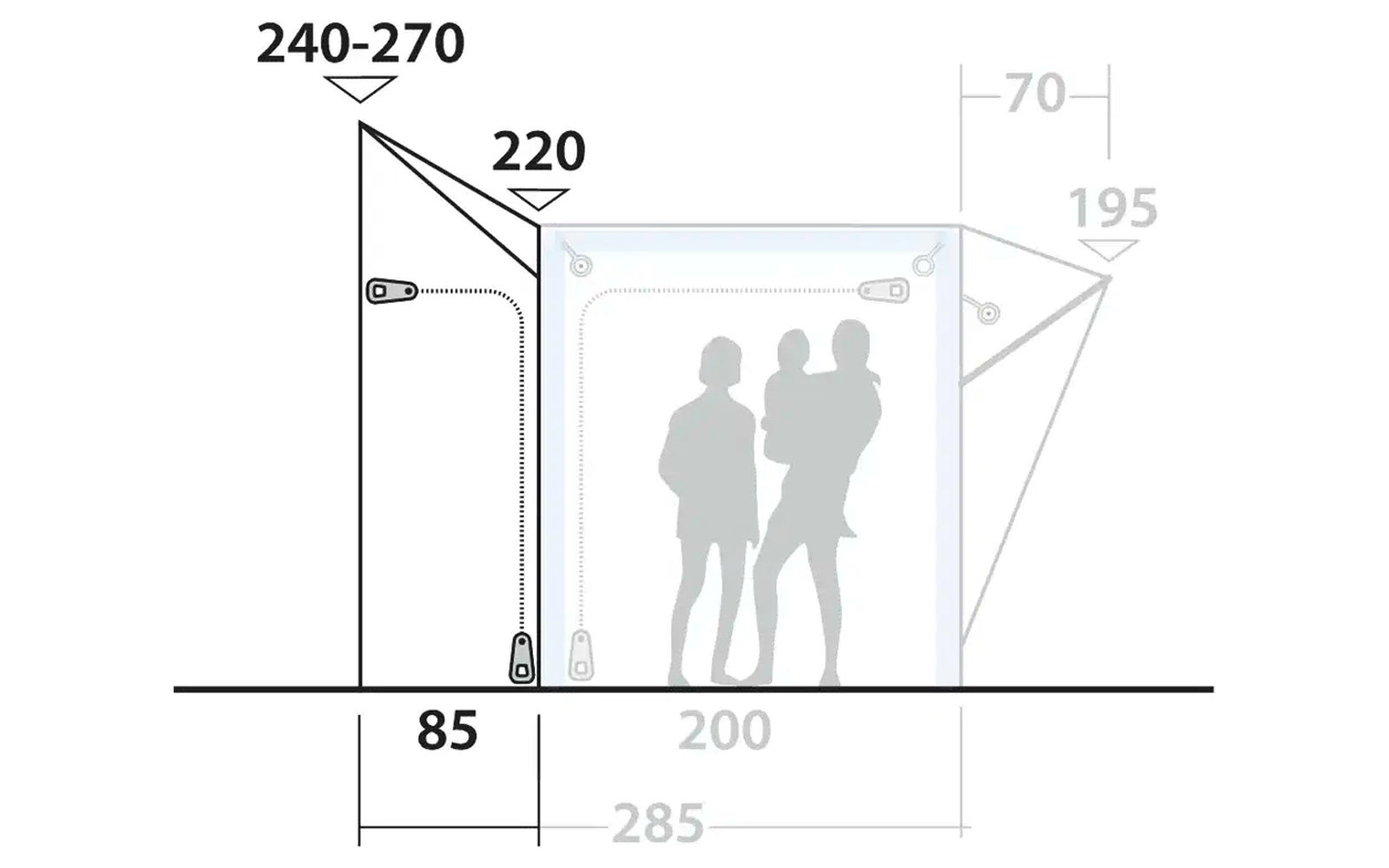 Skizze eines rechteckigen Pavillons mit Maßen in Zentimetern und drei schematischen Personen im Inneren