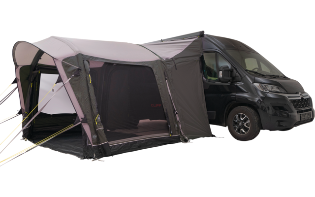 Donkergrijze bestelwagen/van met een grote lichtgrijze voortent, voorkant open, zichtbare gele scheerlijnen