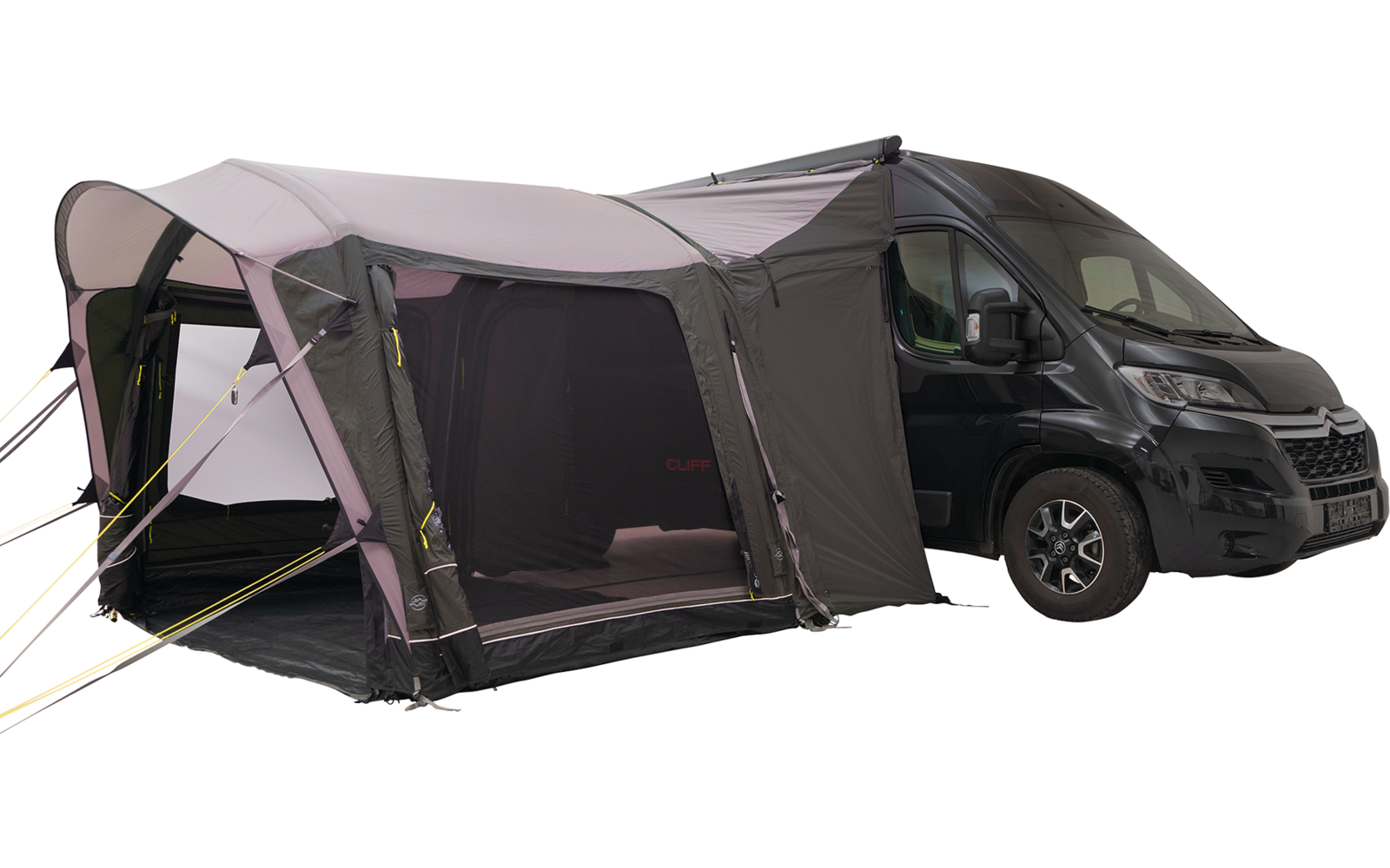 Donkergrijze bestelwagen/van met een grote lichtgrijze voortent, voorkant open, zichtbare gele scheerlijnen