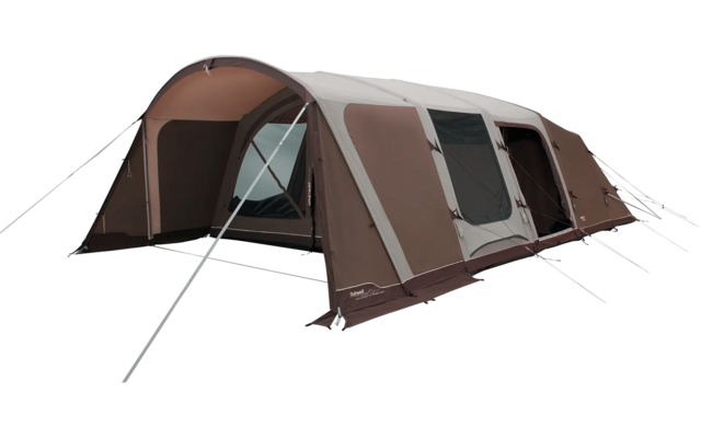 Braunes und weißes Wohnmobilzelt mit geöffneter Tür