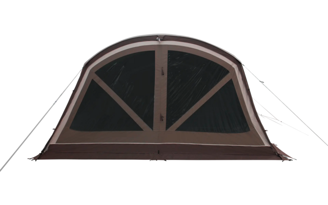 Halbrundes Fenster mit braunem Rahmen und vierscheibiger Unterteilung