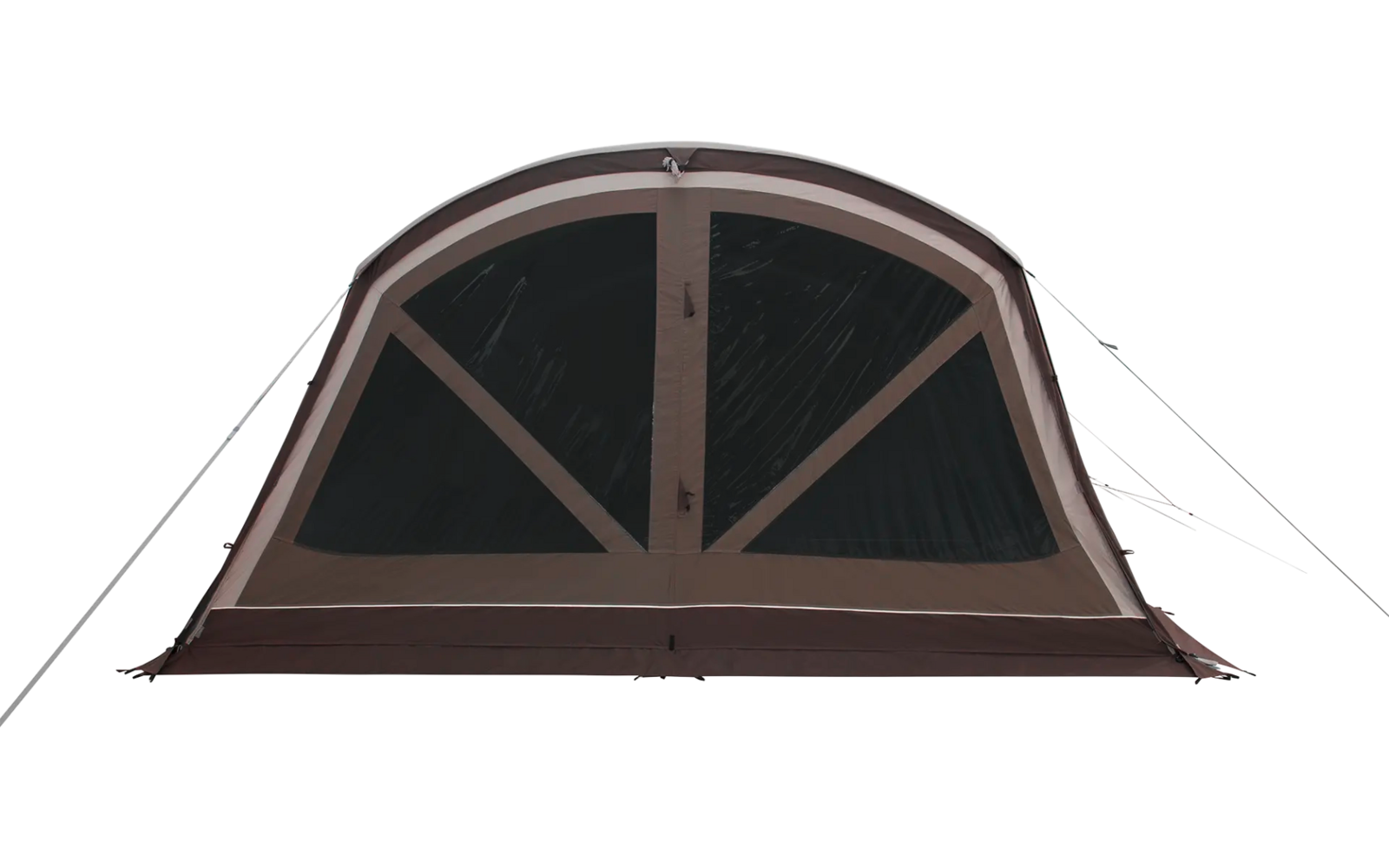 Halbrundes Fenster mit braunem Rahmen und vierscheibiger Unterteilung