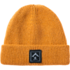 Gorro de punto acanalado naranja con doblez y etiqueta rectangular negra con símbolo de montaña blanco