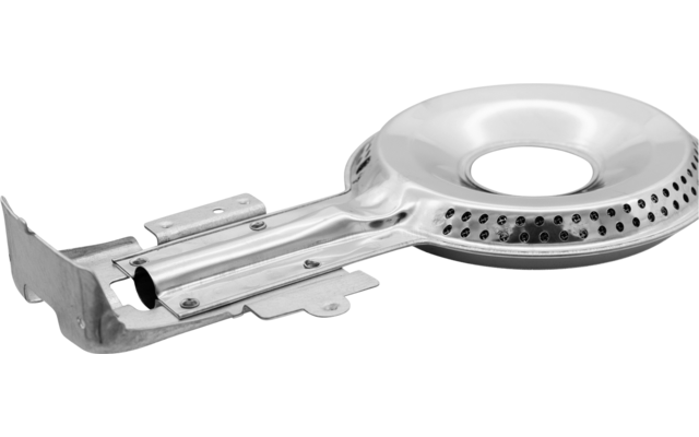 Runder Metallring mit kreisförmigen Öffnungen und seitlich befestigter Metallhalterung auf weißem Hintergrund