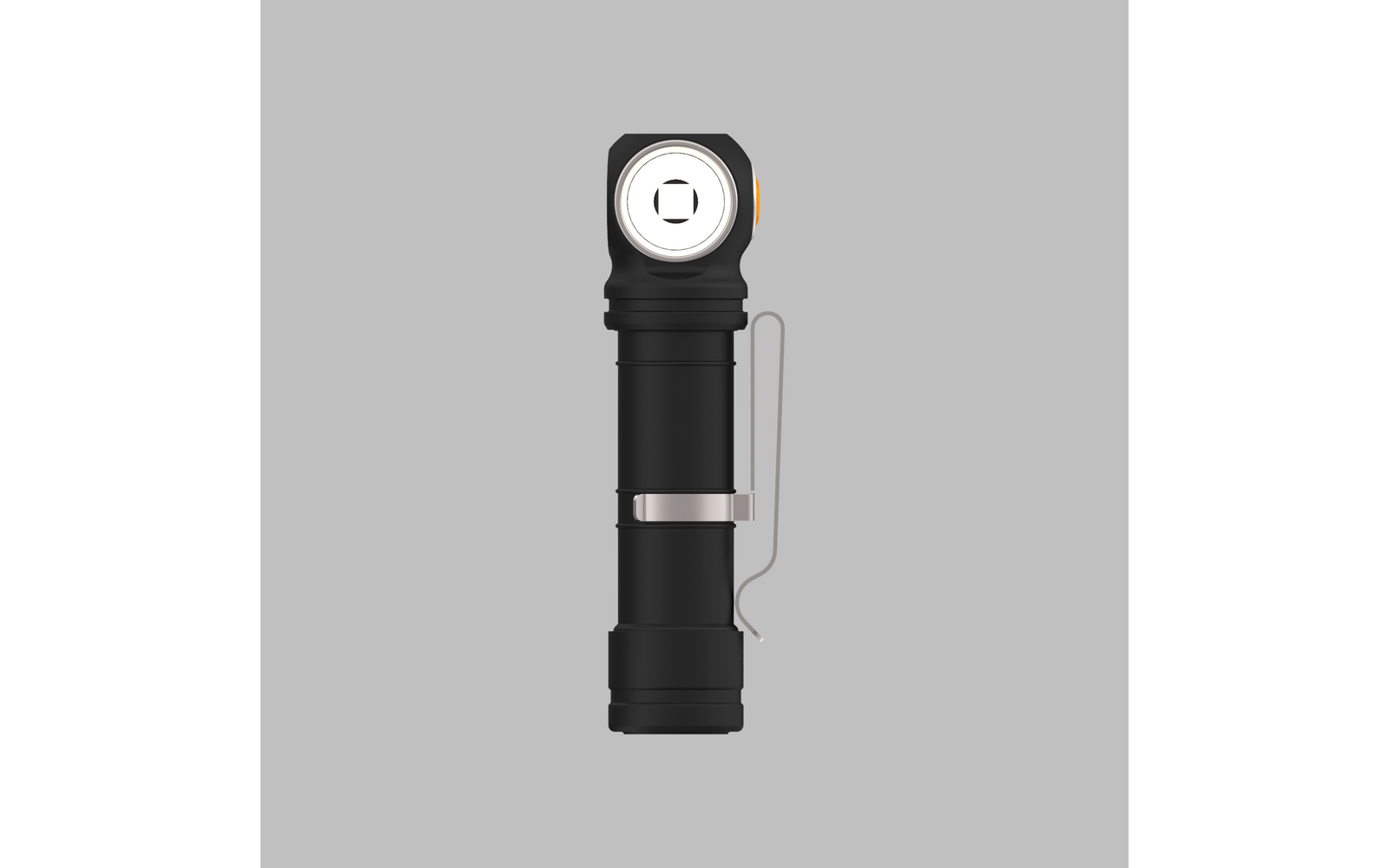 Kleine Taschenlampe mit rundem Kopf und Clip an der Seite, vor grauem Hintergrund