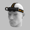 Weißer Helm mit integriertem kleiner Kamera vorne auf einem weißen Modellkopf