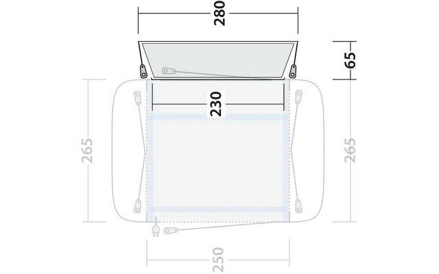 Technische Zeichnung mit mehreren Abmessungen, zeigt ein rechteckiges Objekt mit Klappe und seitlichem Halter