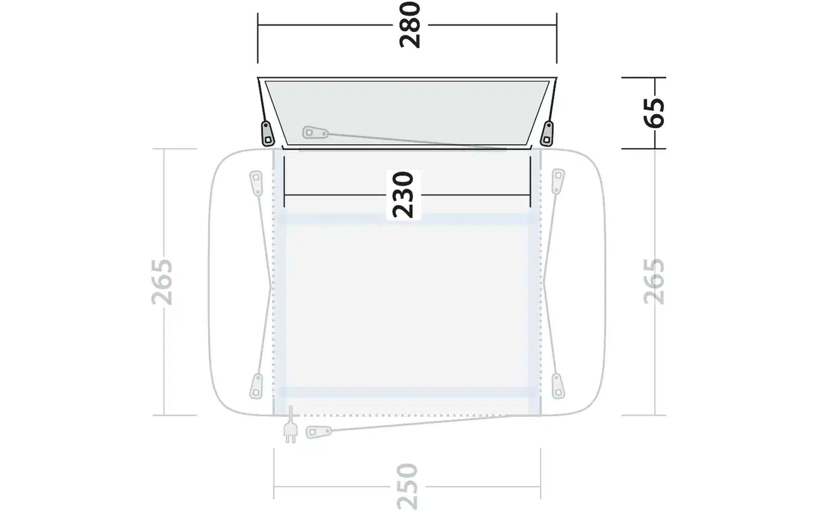 Technische Zeichnung mit mehreren Abmessungen, zeigt ein rechteckiges Objekt mit Klappe und seitlichem Halter