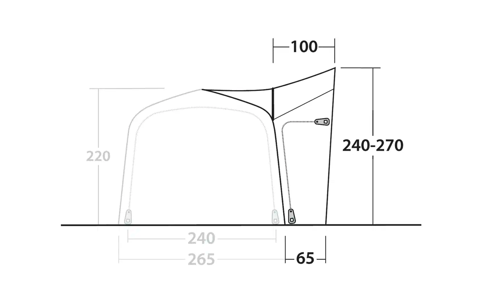 Seitenansicht eines Stuhls mit Maßen in Zentimetern