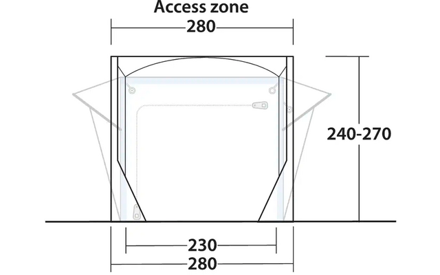 Technische Zeichnung eines eckigen Behälters mit Maßen und einer Zugangszone