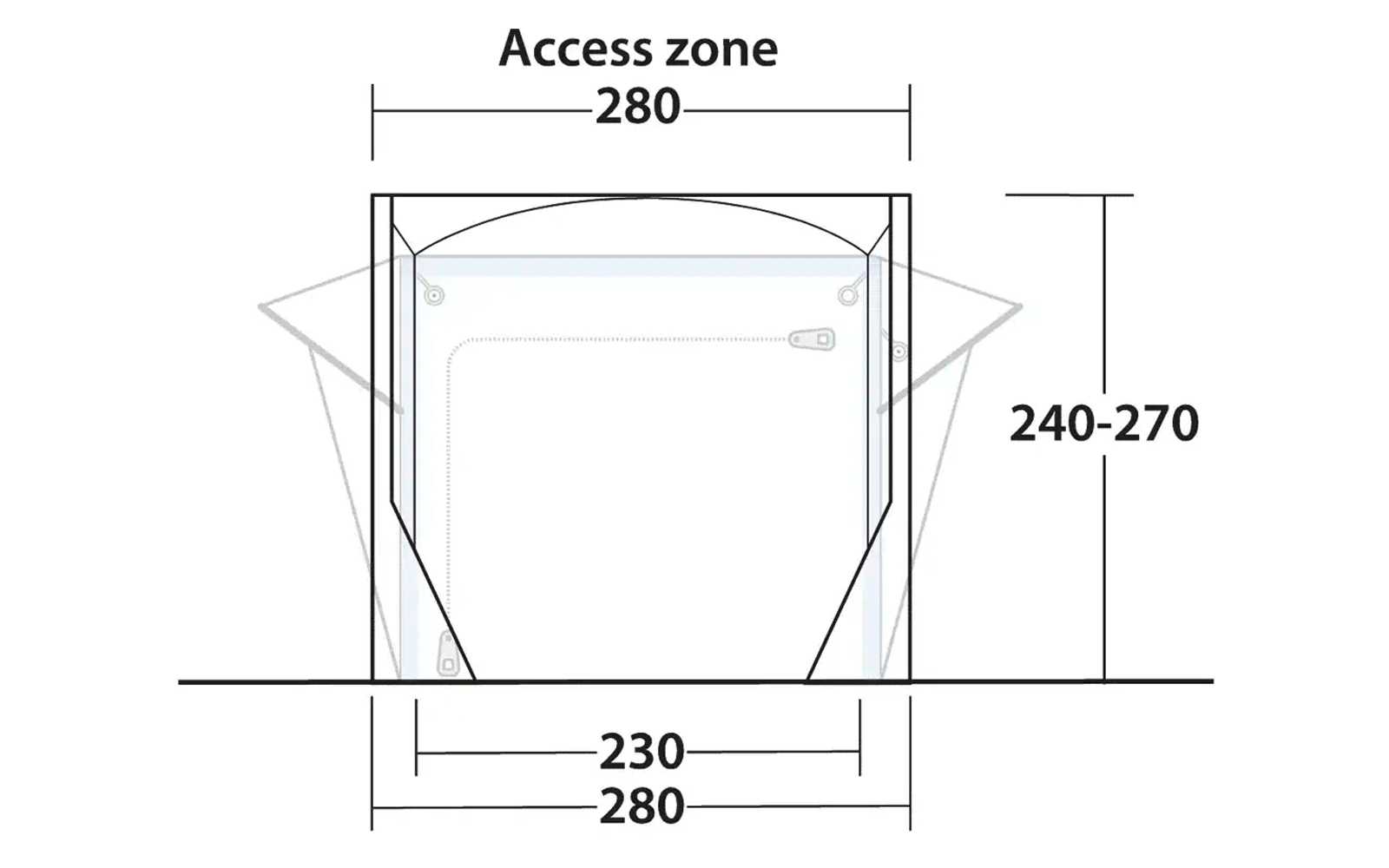 Technische Zeichnung eines eckigen Behälters mit Maßen und einer Zugangszone