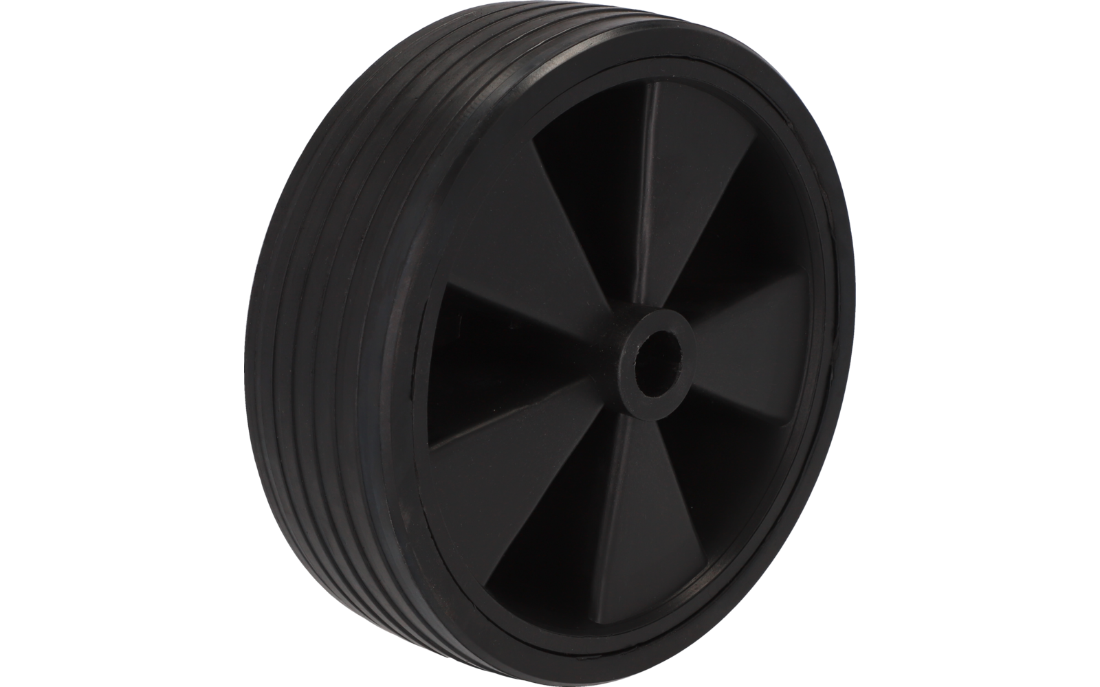 Schwarzes Kunststoffrad mit sechs Speichen und geriffeltem Reifen