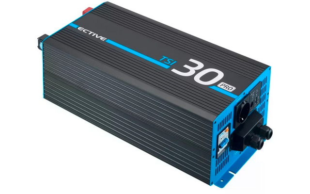 Schwarzer Stromwandler mit blauen Akzenten und der Aufschrift 3000W