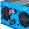 Blaue elektronische Einheit mit zwei Lüftern und mehreren Anschlüssen