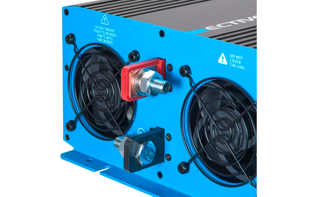 Blaue elektronische Einheit mit zwei Lüftern und mehreren Anschlüssen