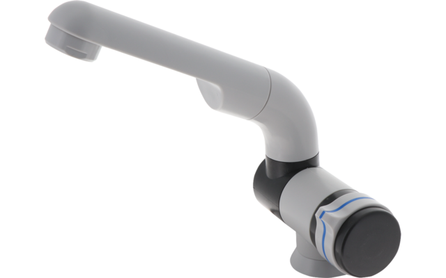 Rubinetto bianco-grigio con becco curvo e manopola rotonda con striscia blu