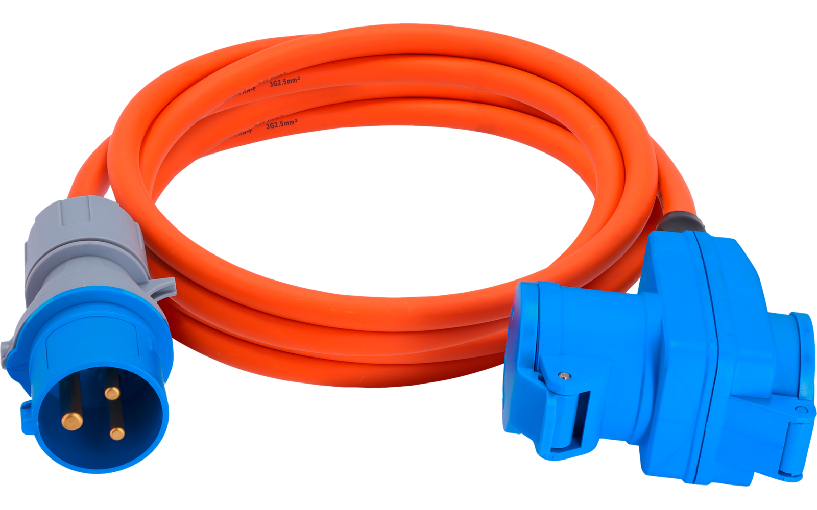 Aufgerolltes oranges Kabel mit links einem blauen runden Stecker mit drei goldfarbenen Stiften und rechts einem blauen Anschlussgehäuse