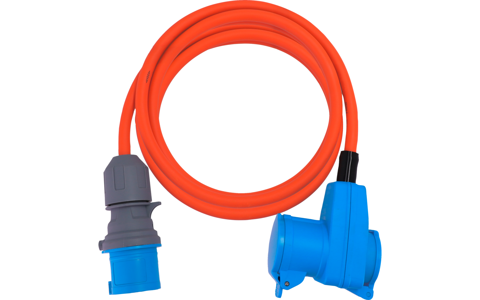 Aufgerolltes orangefarbenes Kabel mit zwei blauen Steckverbindern; linker Stecker mit grauem Schutzgehäuse, rechte Buchse mit Klappe