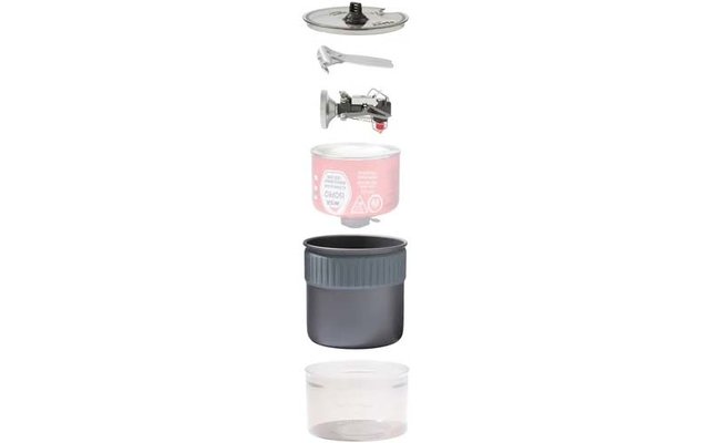 Six separate parts arranged vertically on a white background: round glass lid with black handle; silver metal piece with lever; metallic mechanism with red detail; cylindrical can with pink label and text; gray ribbed cup; transparent plastic cover