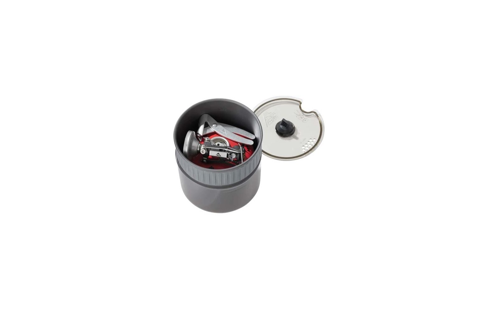 Gray round plastic container with removed lid; inside a folded silver metal device with visible burner and red base; transparent lid with black knob lies beside it