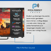 Teil eines Fernsehbildschirms links mit Aufkleber 'VOYAGER', rechts Logo 'Pitch Perfect Sound', deutscher Werbetext und blauer Balken unten mit 'Pitch Perfect Sound'