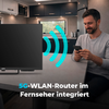 Mann sitzt an einem Tisch, hält ein Smartphone und lächelt; links ein Fernseher mit blauem WLAN-Symbol auf dem Bildschirm; Küchenzeile und Fenster im Hintergrund; Text: '5G-WLAN-Router im Fernseher integriert'