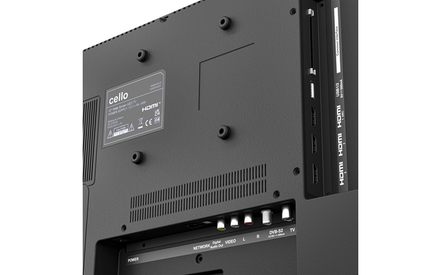 Rückseite eines schwarzen Fernsehers mit Markenaufkleber "cello", Lüftungsschlitzen, vier Montageöffnungen, HDMI-Anschlüssen und mehreren Audio-/Video-Buchsen (Koaxial, RCA)