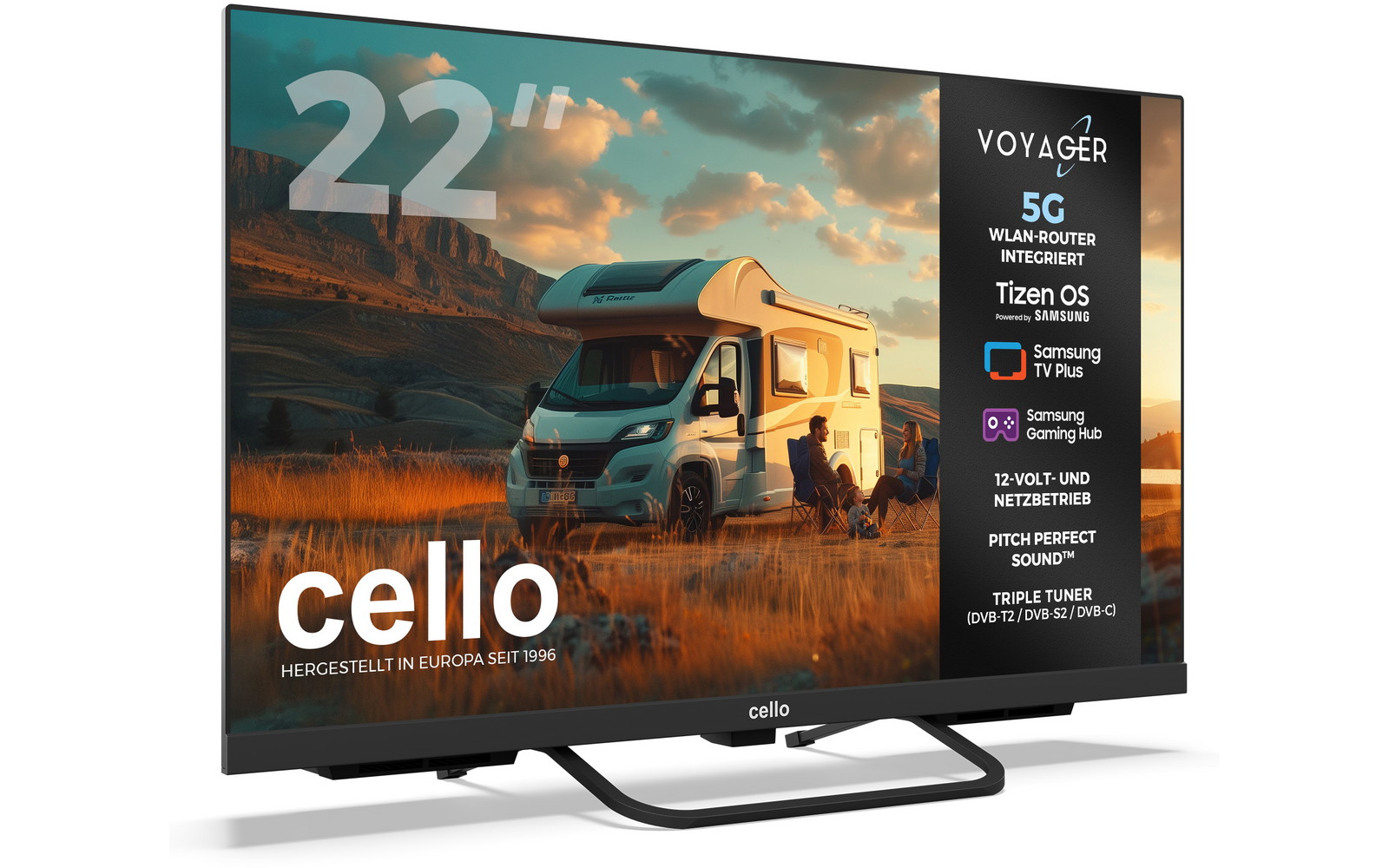 Fernseher auf Standfuß; Bildschirm zeigt Wohnmobil in einem Feld bei Sonnenuntergang, großes 22" oben links, rechter schwarzer Infobereich mit Marke 'VOYAGER' und Produktinfos, 'cello'-Logo unten links